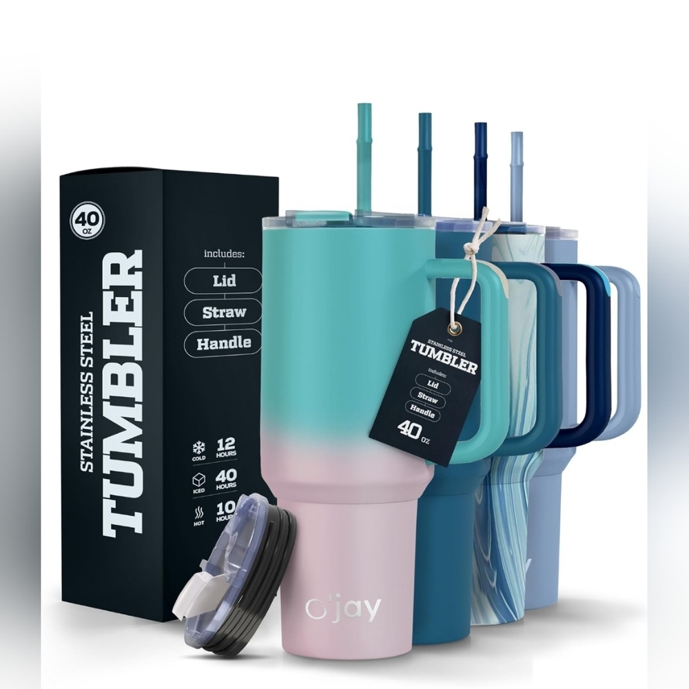 🎉5/$20 O'JAY 40oz Stainless Steel Insulated Travel Mug Green Pink